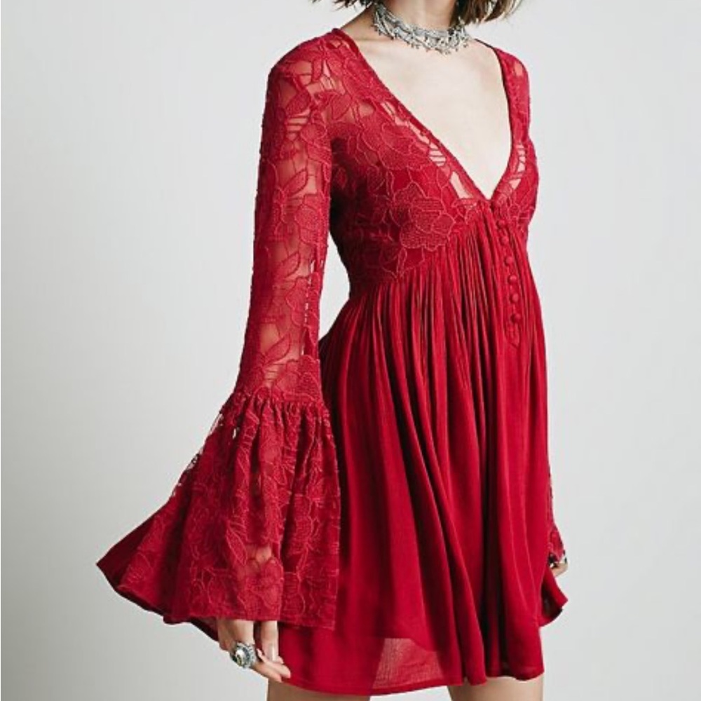 Free People With Love From India Fuchsia Lace Bell Sleeve Mini Dress